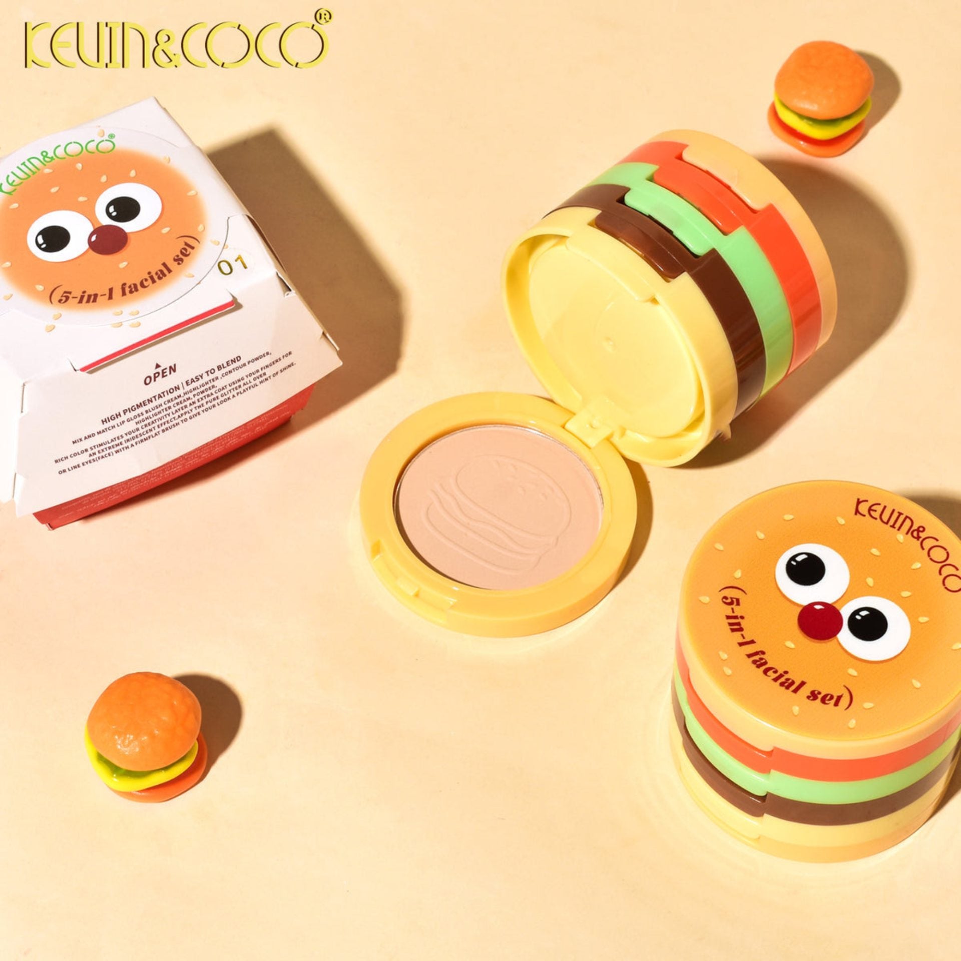Paleta Multifunctionala, Kevin&Coco, Model Burger, Set Machiaj 5 in 1, Blush, Iluminator, Contur, Pudra, Design Compact, 122 g, 8.7 x 8.7 x 6 cm, Nuanta 02