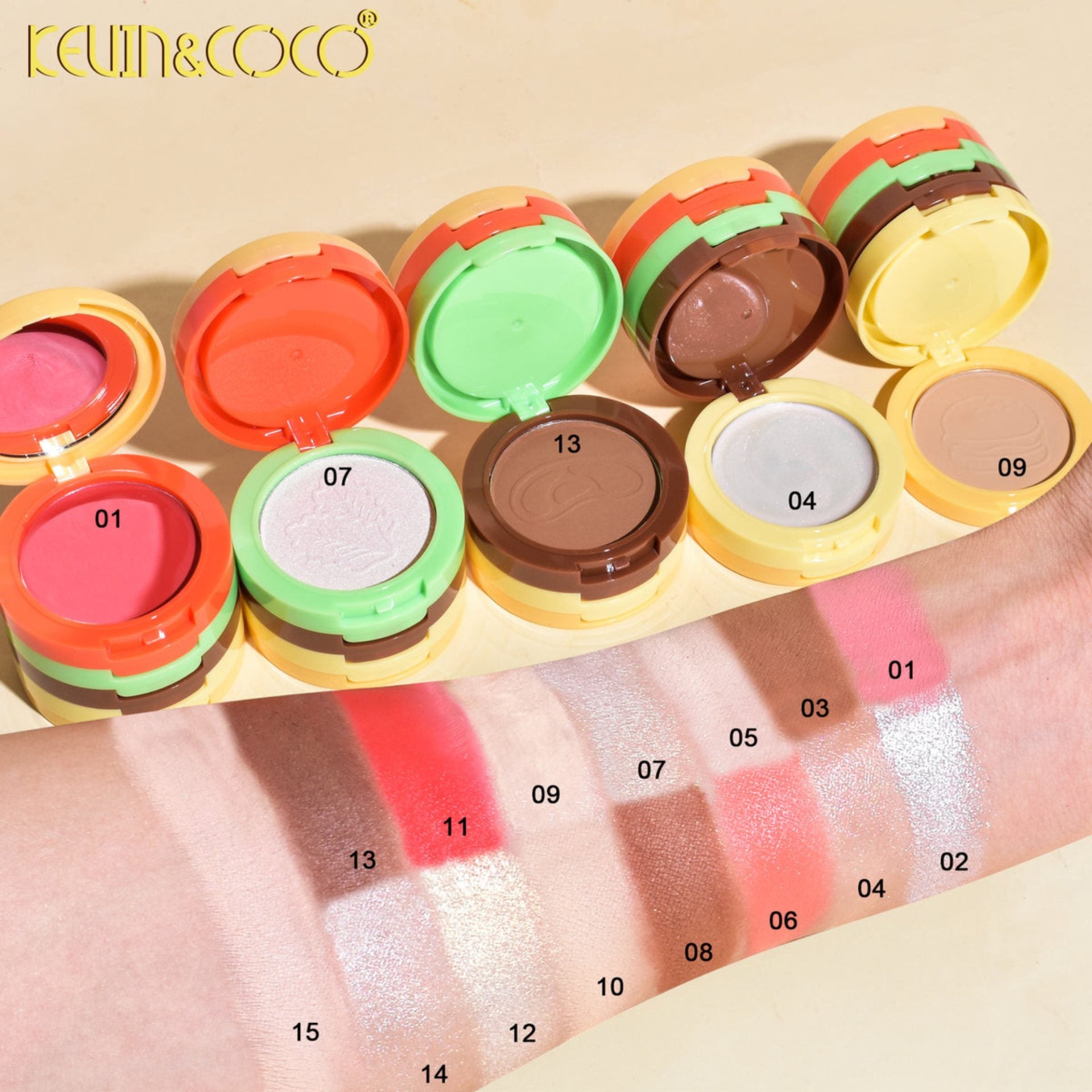 Paleta Multifunctionala, Kevin&Coco, Model Burger, Set Machiaj 5 in 1, Blush, Iluminator, Contur, Pudra, Design Compact, 122 g, 8.7 x 8.7 x 6 cm, Nuanta 02