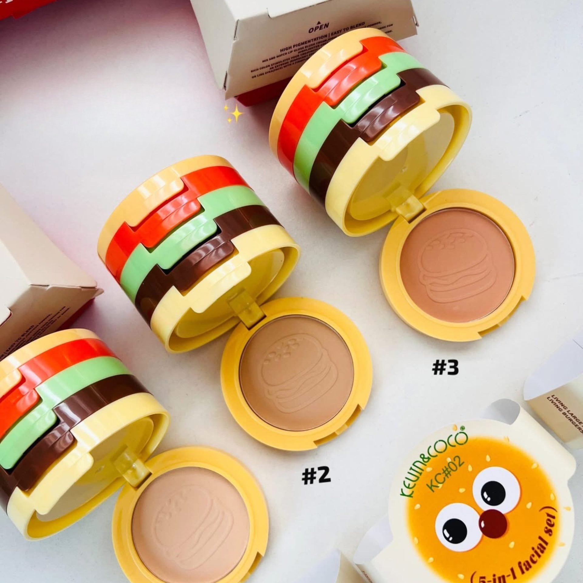 Paleta Multifunctionala, Kevin&Coco, Model Burger, Set Machiaj 5 in 1, Blush, Iluminator, Contur, Pudra, Design Compact, 122 g, 8.7 x 8.7 x 6 cm, Nuanta 02