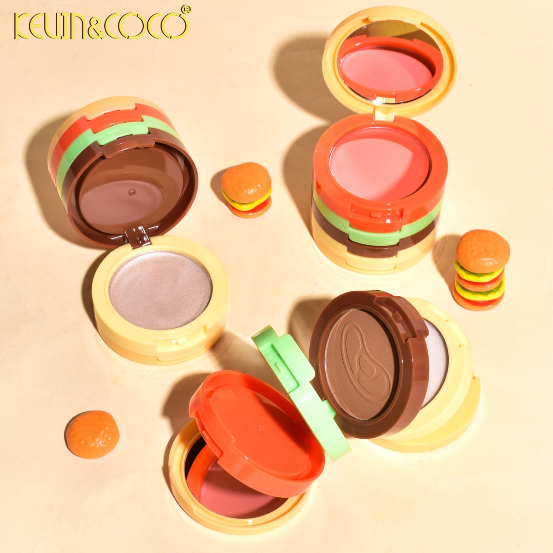 Paleta Multifunctionala, Kevin&Coco, Model Burger, Set Machiaj 5 in 1, Blush, Iluminator, Contur, Pudra, Design Compact, 122 g, 8.7 x 8.7 x 6 cm, Nuanta 02