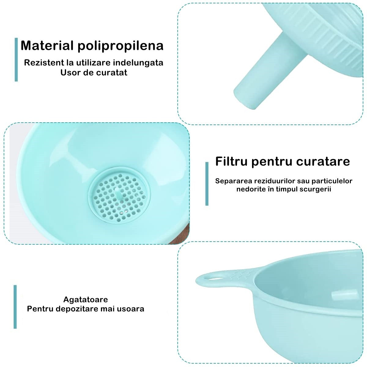 Palnie din plastic 3 in 1 doua dimensiuni de scurgere, cu filet si filtru, diametru scurgere 5.4 cm, 11.5 x 16.7 cm, albastru