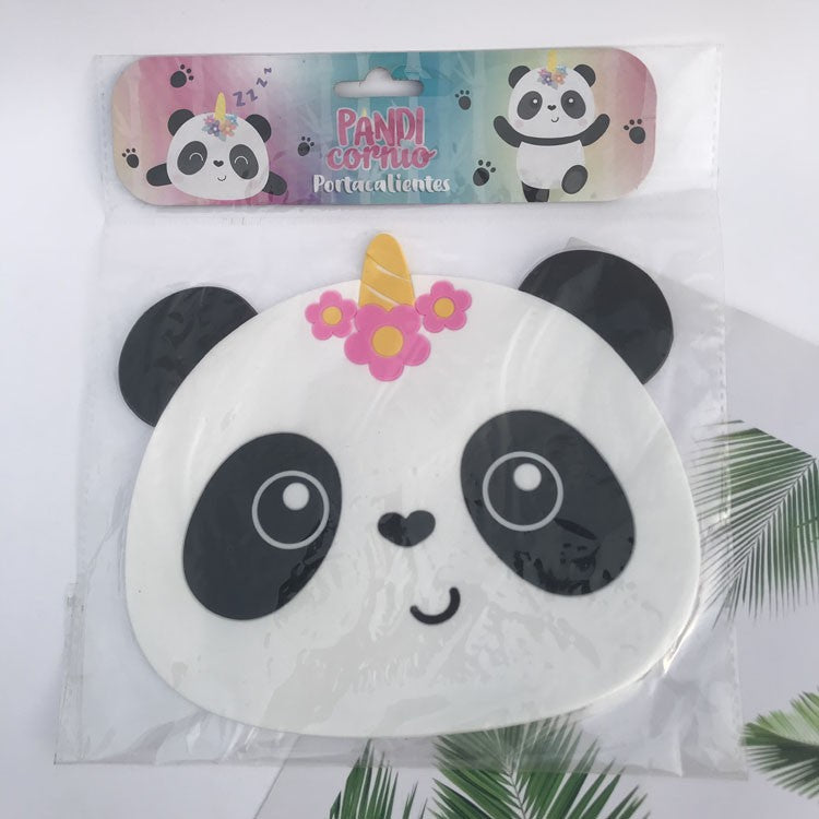Suport pentru Pahar, Model Urs Panda, din PVC, 18.5x16 cm, Rezistent la Caldura, Alb/Negru