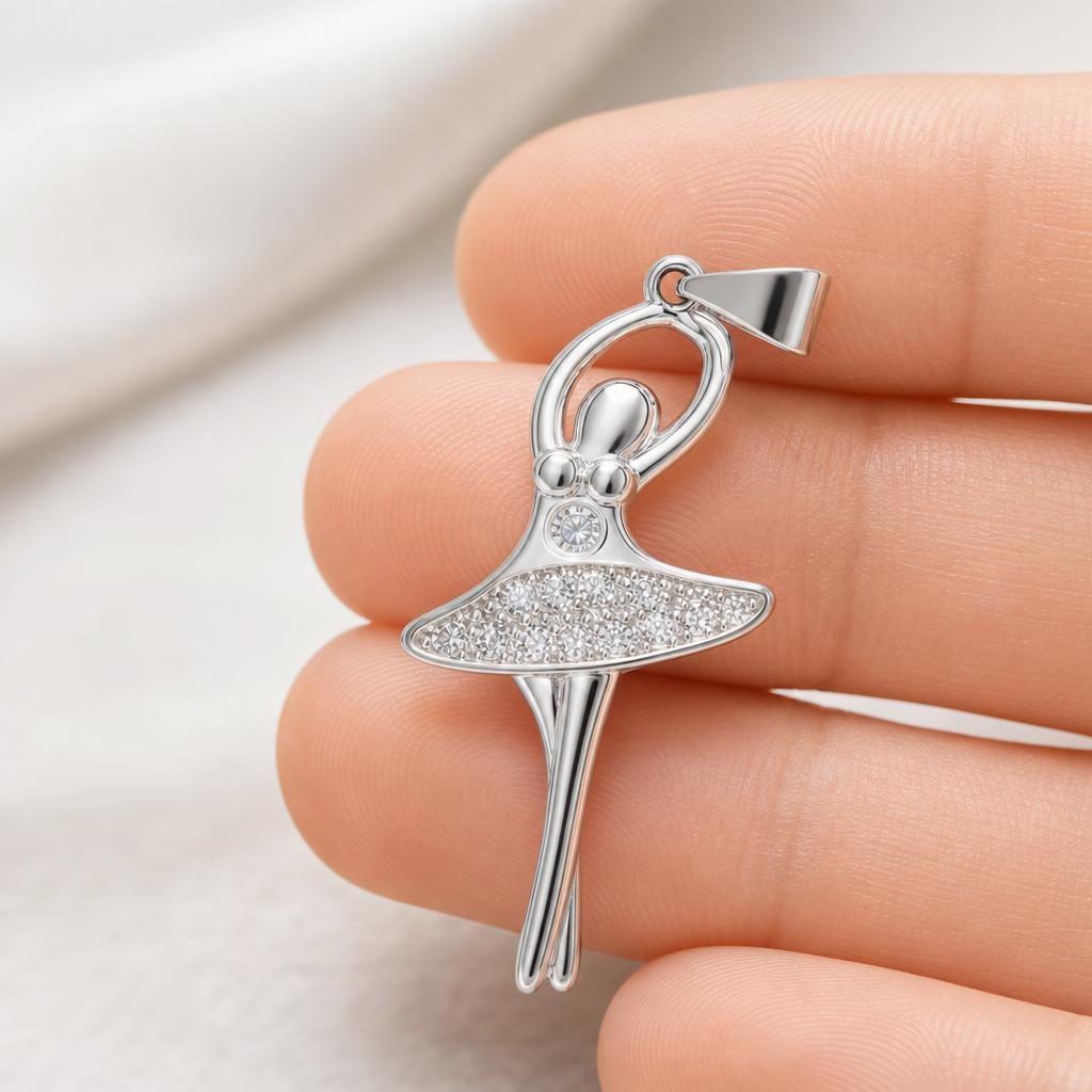 Pandantiv din Argint 925, Model Balerina Mare, Bijuterie Decorativa cu Detalii Fine si Pietre Stralucitoare, Argintiu