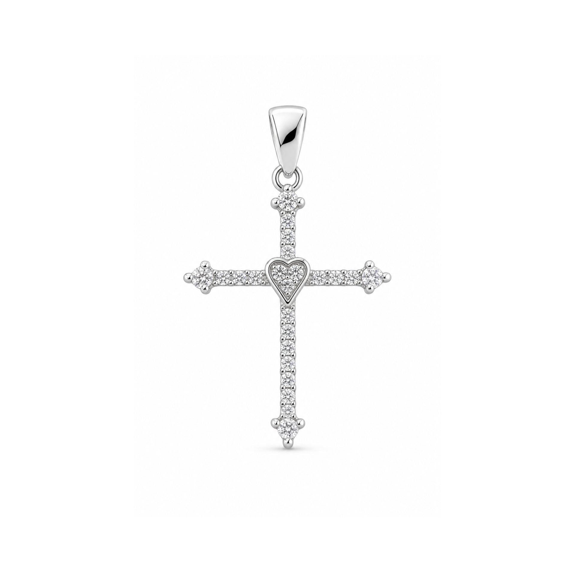 Pandantiv din Argint 925, Model Cruce Mare, Decor cu Pietre Stralucitoare si Inima Centrala, Greutate 2.24 g, Argintiu