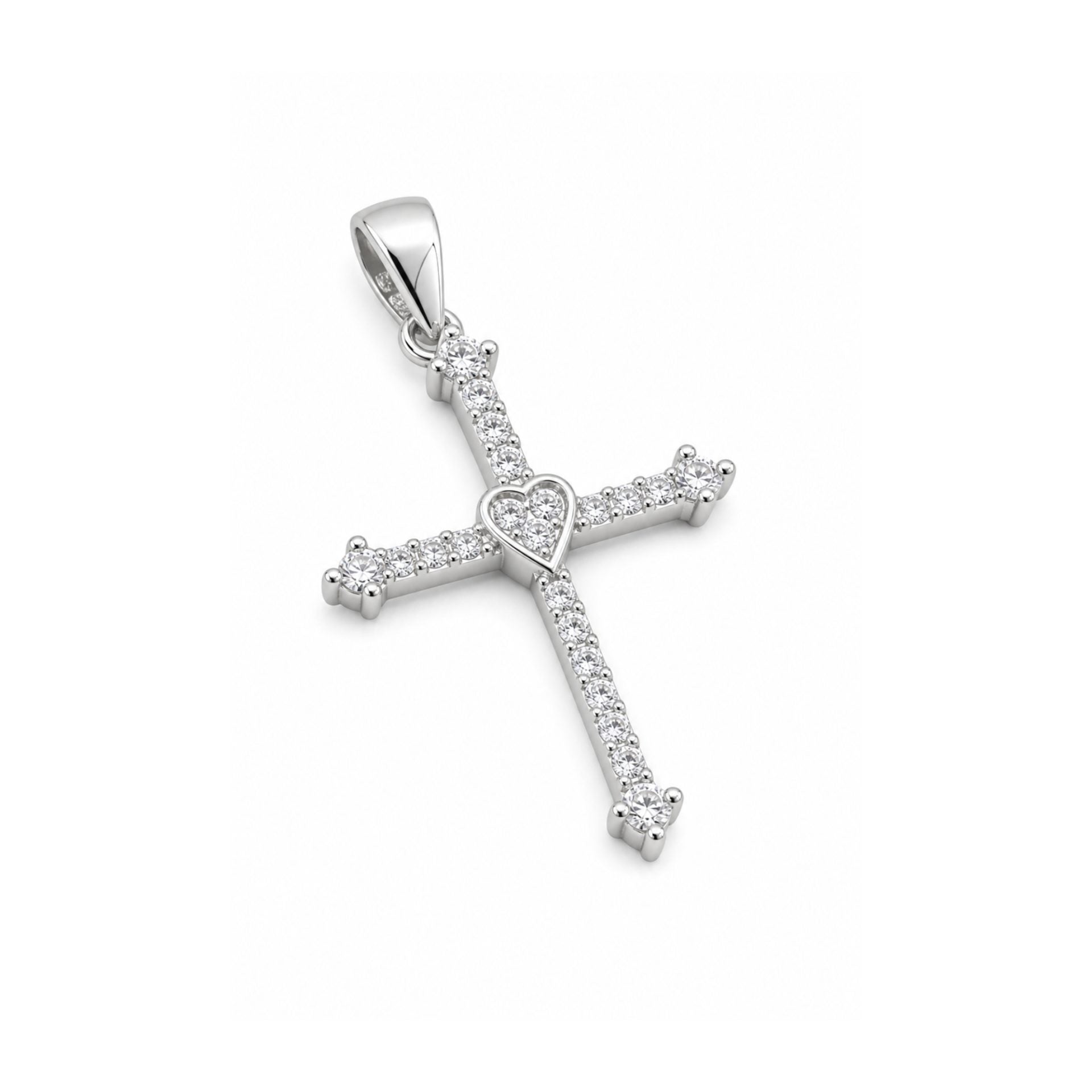 Pandantiv din Argint 925, Model Cruce Mare, Decor cu Pietre Stralucitoare si Inima Centrala, Greutate 2.24 g, Argintiu