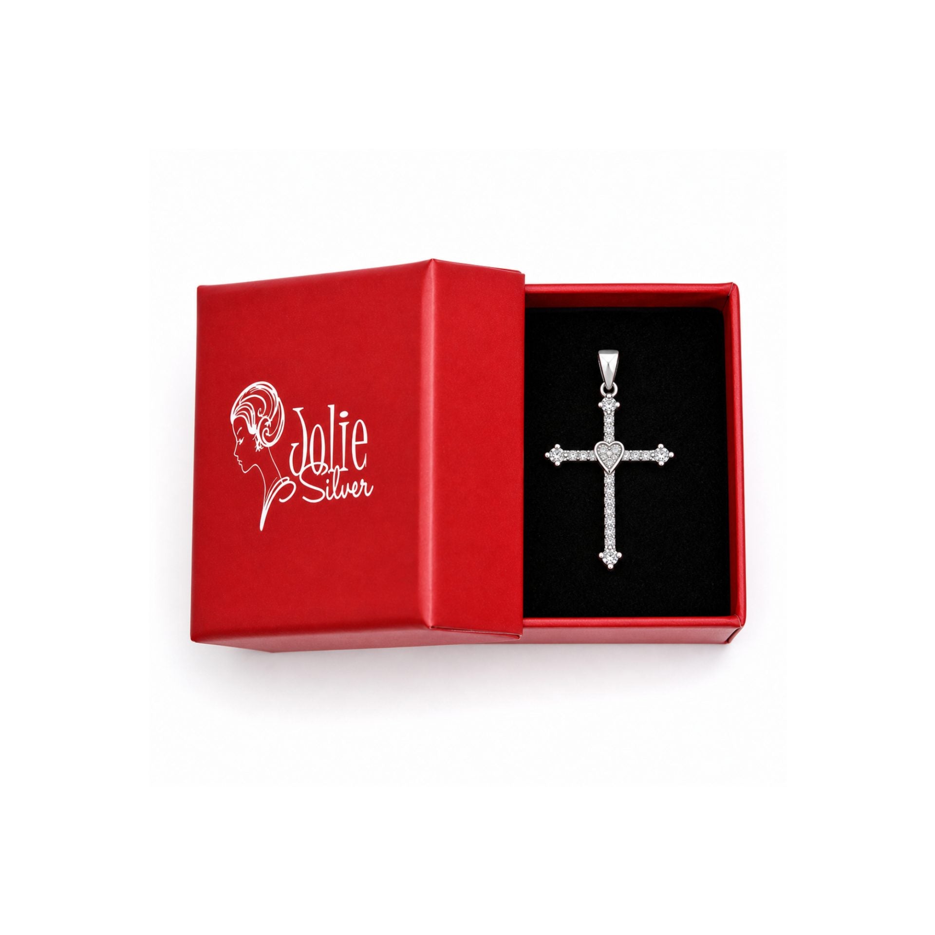 Pandantiv din Argint 925, Model Cruce Mare, Decor cu Pietre Stralucitoare si Inima Centrala, Greutate 2.24 g, Argintiu