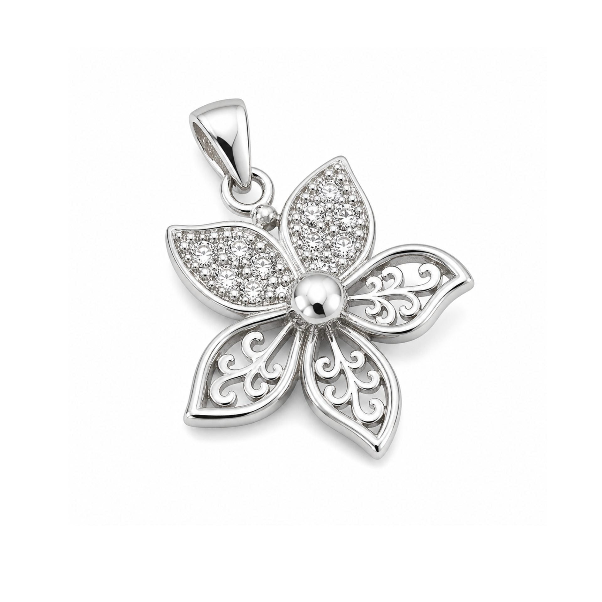 Pandantiv din Argint 925, Model Floare, Decor cu Zirconii Stralucitoare, Bijuterie cu Design Floral, Argintiu