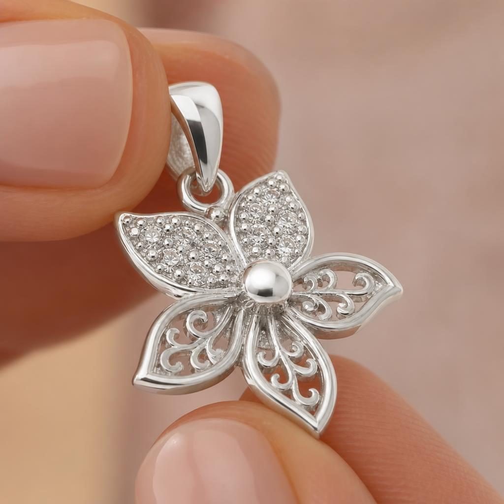 Pandantiv din Argint 925, Model Floare, Decor cu Zirconii Stralucitoare, Bijuterie cu Design Floral, Argintiu