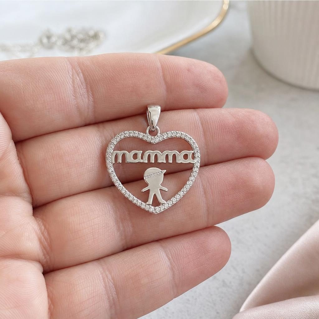Pandantiv din Argint 925, Model Inima cu Text Mamma, Contur cu Pietre Stralucitoare si Silueta Copil, Greutate 2.4 g, Argintiu
