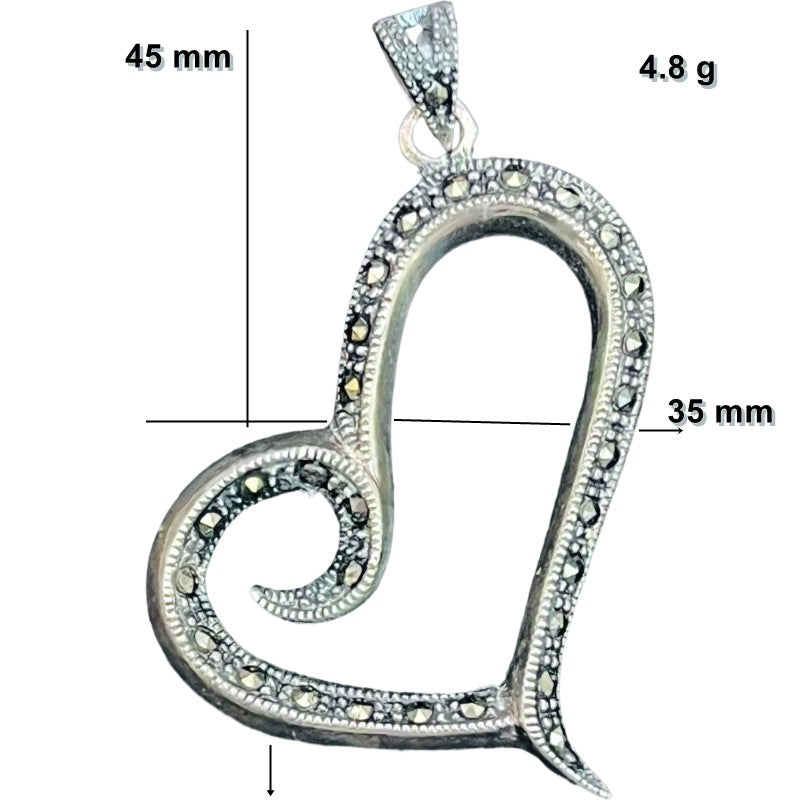 Pandantiv din Argint 925, Model Inima cu Marcasite, 45 x 35 mm, 4.8 g
