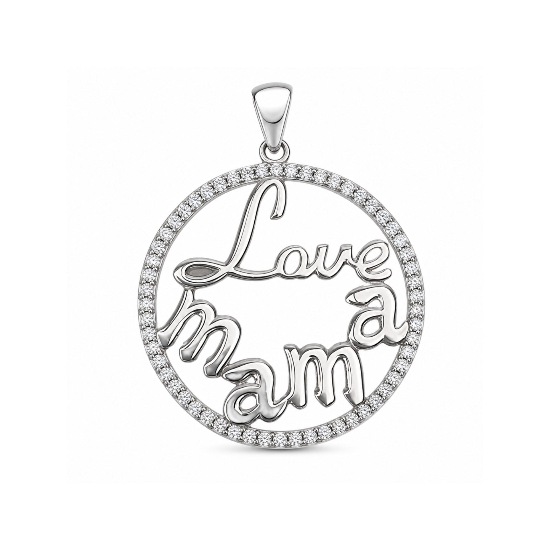 Pandantiv pentru Lanț din Argint 925, Model Love Mama, cu Pietre Decorative Incolore, Design Circular și Decupat, Finisaj Lucios, 2.4 g, 28x21 mm, Argintiu