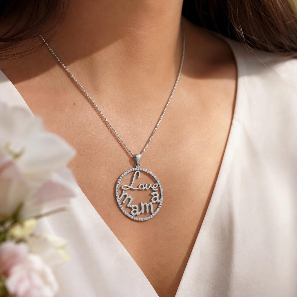 Pandantiv pentru Lanț din Argint 925, Model Love Mama, cu Pietre Decorative Incolore, Design Circular și Decupat, Finisaj Lucios, 2.4 g, 28x21 mm, Argintiu