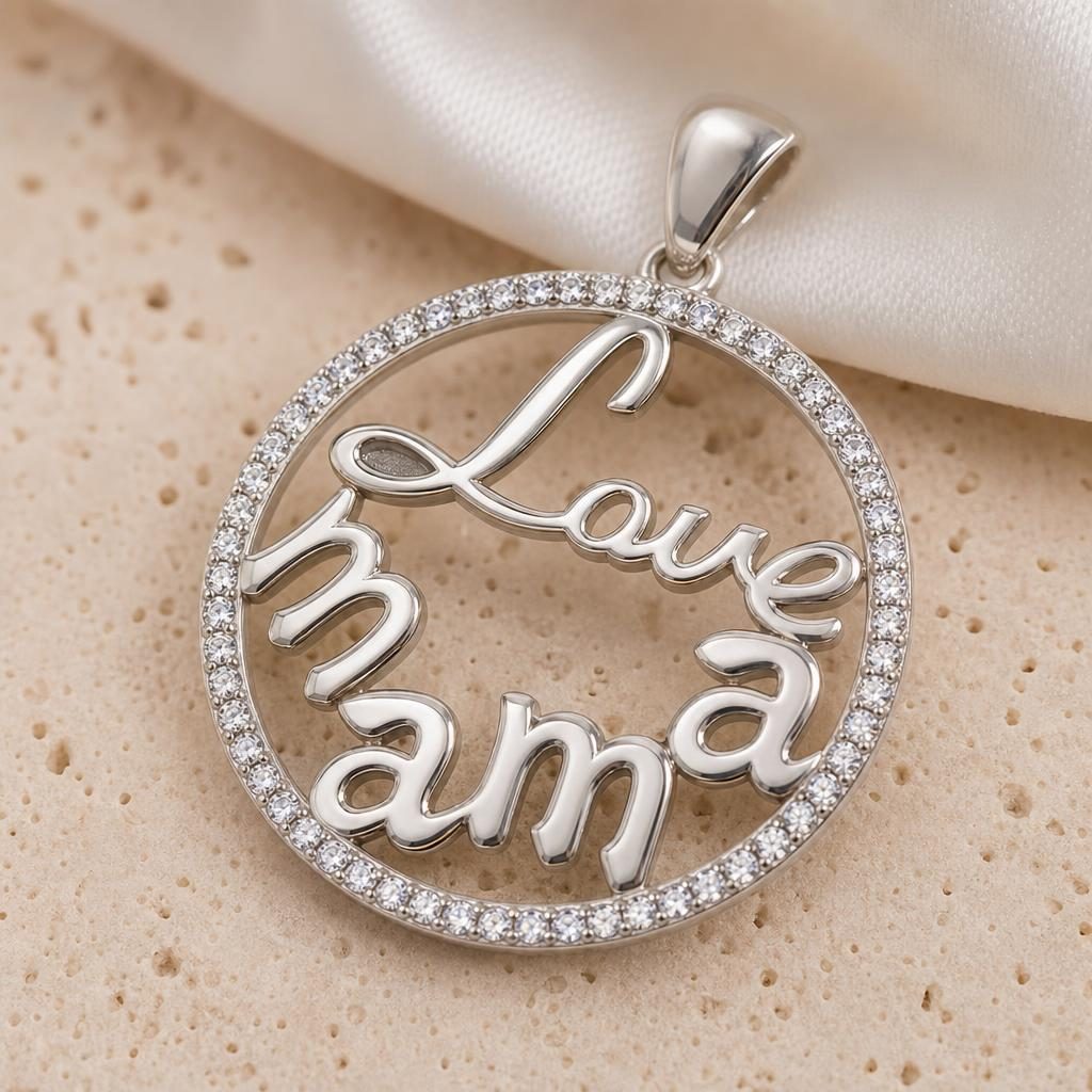 Pandantiv pentru Lanț din Argint 925, Model Love Mama, cu Pietre Decorative Incolore, Design Circular și Decupat, Finisaj Lucios, 2.4 g, 28x21 mm, Argintiu