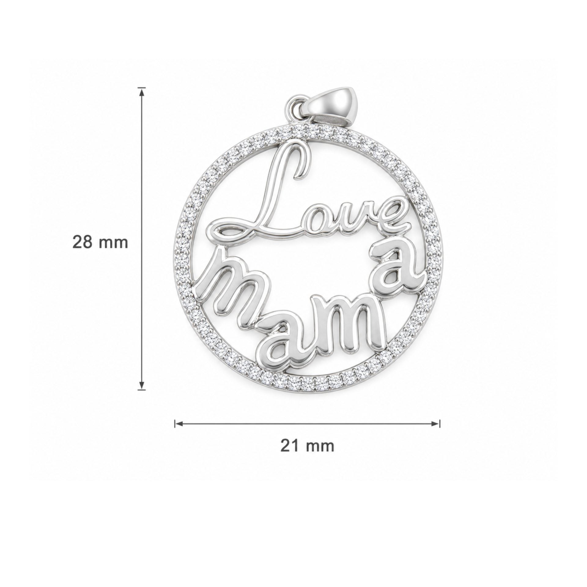 Pandantiv pentru Lanț din Argint 925, Model Love Mama, cu Pietre Decorative Incolore, Design Circular și Decupat, Finisaj Lucios, 2.4 g, 28x21 mm, Argintiu