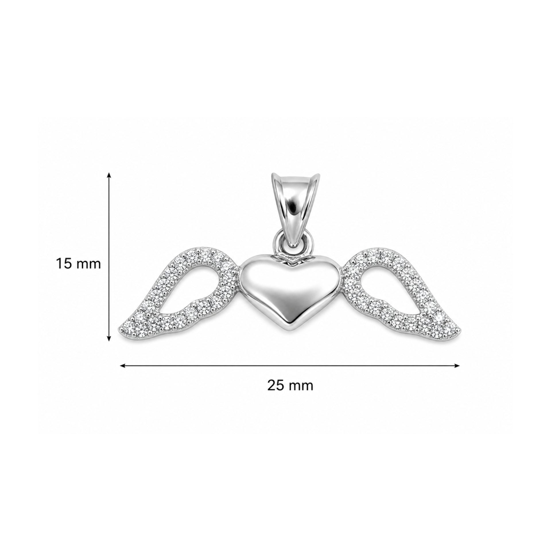 Pandantiv pentru Lanț din Argint 925, Model Inimă cu Aripi, cu Zirconii Incolore, Design Simetric, Finisaj Lucios, 1.2 g, 25x15 mm, Argintiu