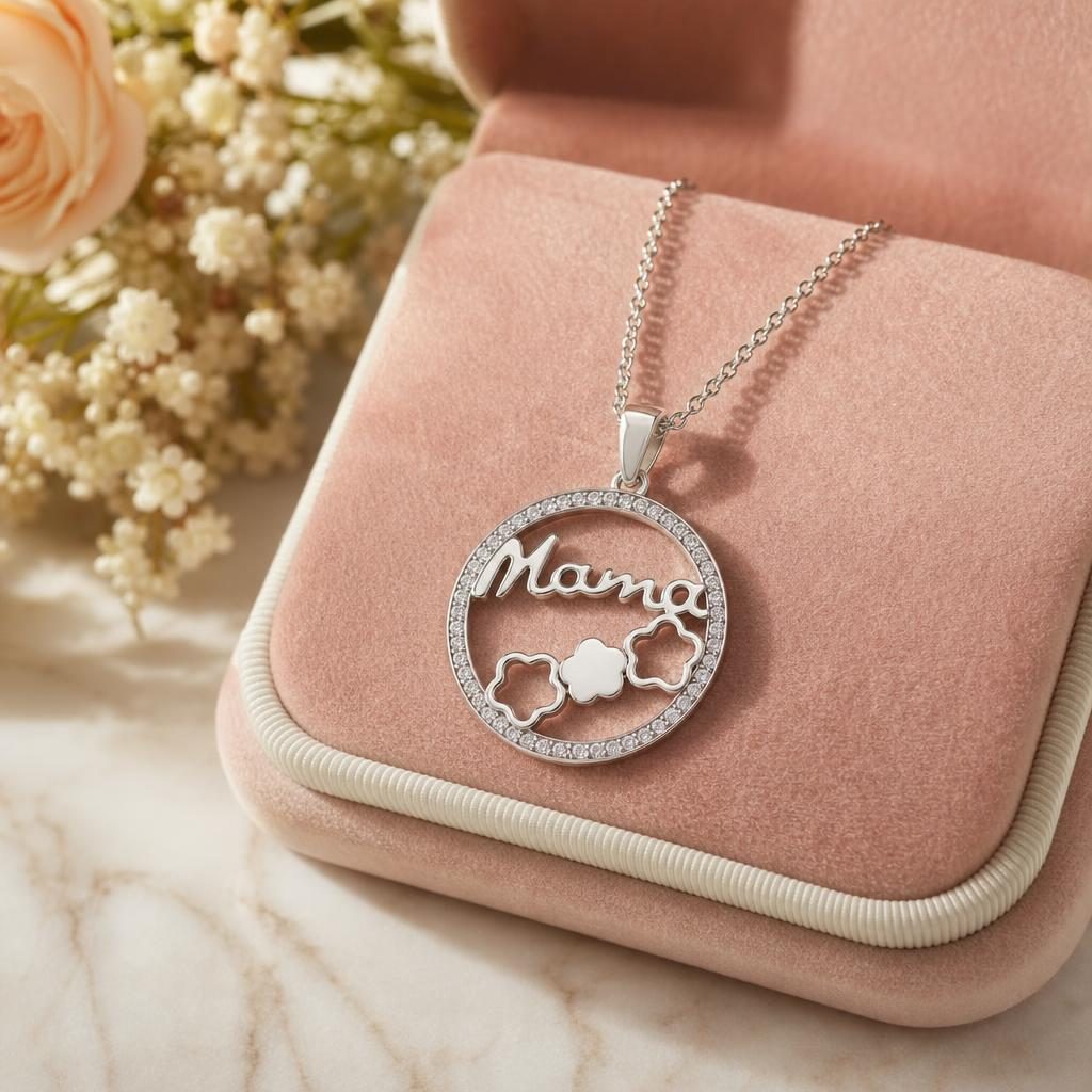 Pandantiv, Argint 925, Model Mama (cerc cu flori), Zirconiu, 22 x 22 mm, 3.1 g
