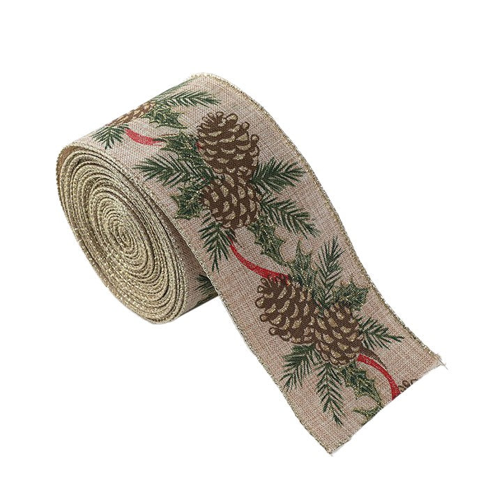 Panglica de Craciun pentru Decor Brad, Panglica Decorativa de Craciun pentru Funde, Imprimeu Conuri de Brad, 200 x 6.3 m, Khaki Verde Maro