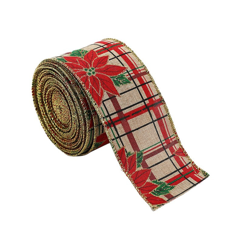 Panglica de Craciun pentru Decor Brad, Panglica Decorativa de Craciun pentru Funde, Imprimeu Floare Rosie, 200 x 6.3 m, Khaki Rosu