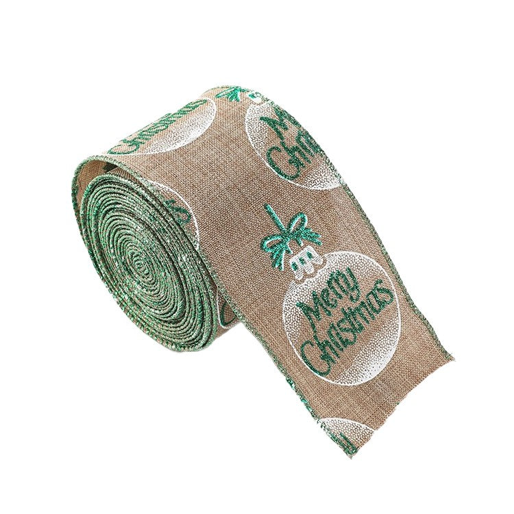 Panglica de Craciun pentru Decor Brad, Panglica Decorativa de Craciun pentru Funde, Imprimeu Globulet Merry Christmas, 200 x 6.3 m, Khaki Alb Verde
