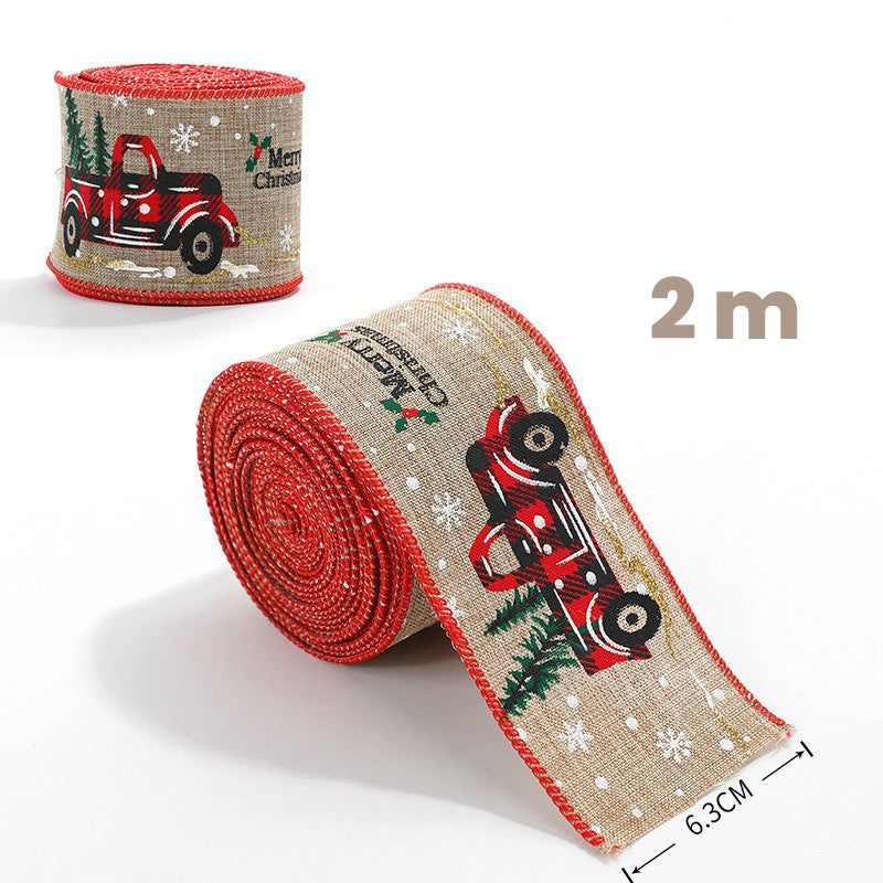 Panglica de Craciun pentru Decor Brad, Panglica Decorativa de Craciun pentru Funde, Imprimeu Pick-Up Merry Christmas, 200 x 6.3 m, Khaki Rosu