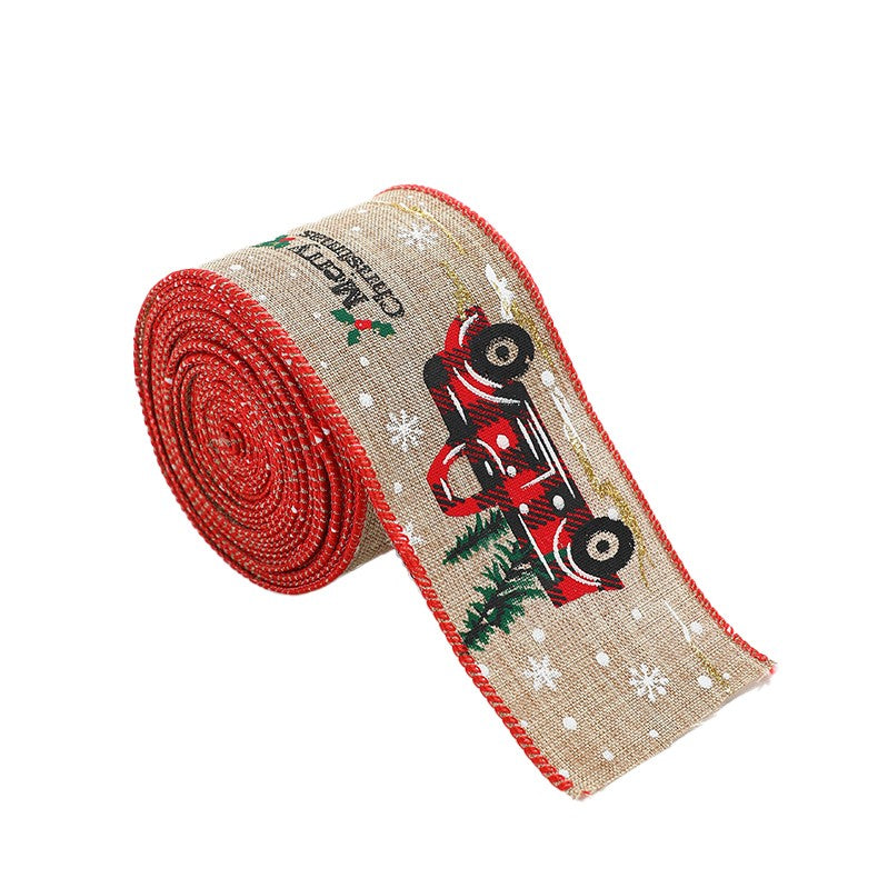 Panglica de Craciun pentru Decor Brad, Panglica Decorativa de Craciun pentru Funde, Imprimeu Pick-Up Merry Christmas, 200 x 6.3 m, Khaki Rosu