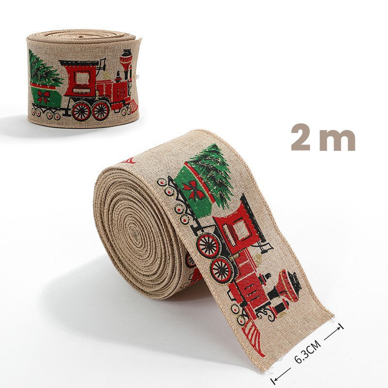 Panglica de Craciun pentru Decor Brad, Panglica Decorativa de Craciun pentru Funde, Imprimeu Trenulet, 200 x 6.3 m, Khaki