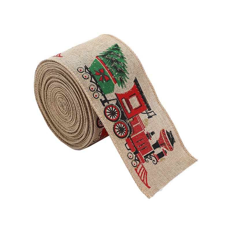 Panglica de Craciun pentru Decor Brad, Panglica Decorativa de Craciun pentru Funde, Imprimeu Trenulet, 200 x 6.3 m, Khaki