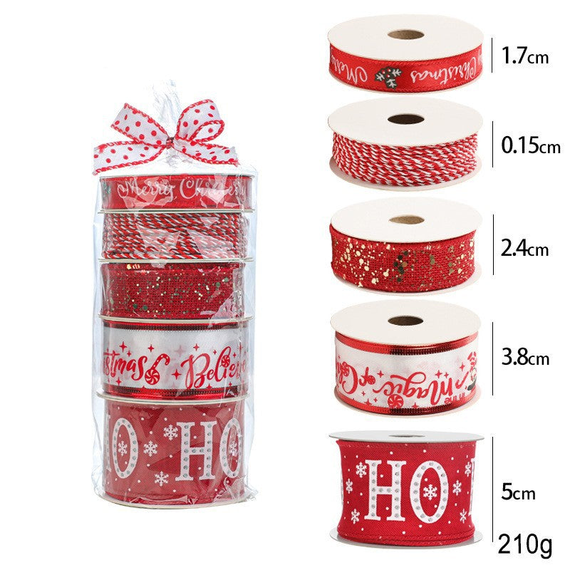 Panglica Decorativa cu Tematica de Craciun, Flippy, Set din 4 bucat + 1 Rulon Ata Rosie Alba, Panglica pentru Cadou de Craciun Brad si Decor, 2 M per bucata, Model HO HO HO, Rosu
