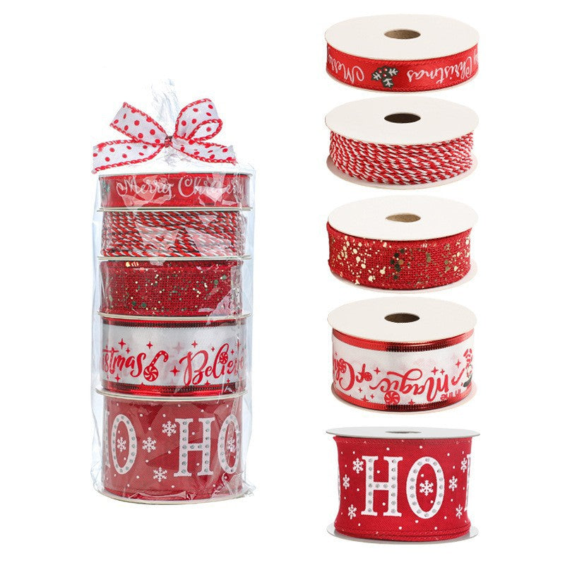 Panglica Decorativa cu Tematica de Craciun, Flippy, Set din 4 bucat + 1 Rulon Ata Rosie Alba, Panglica pentru Cadou de Craciun Brad si Decor, 2 M per bucata, Model HO HO HO, Rosu