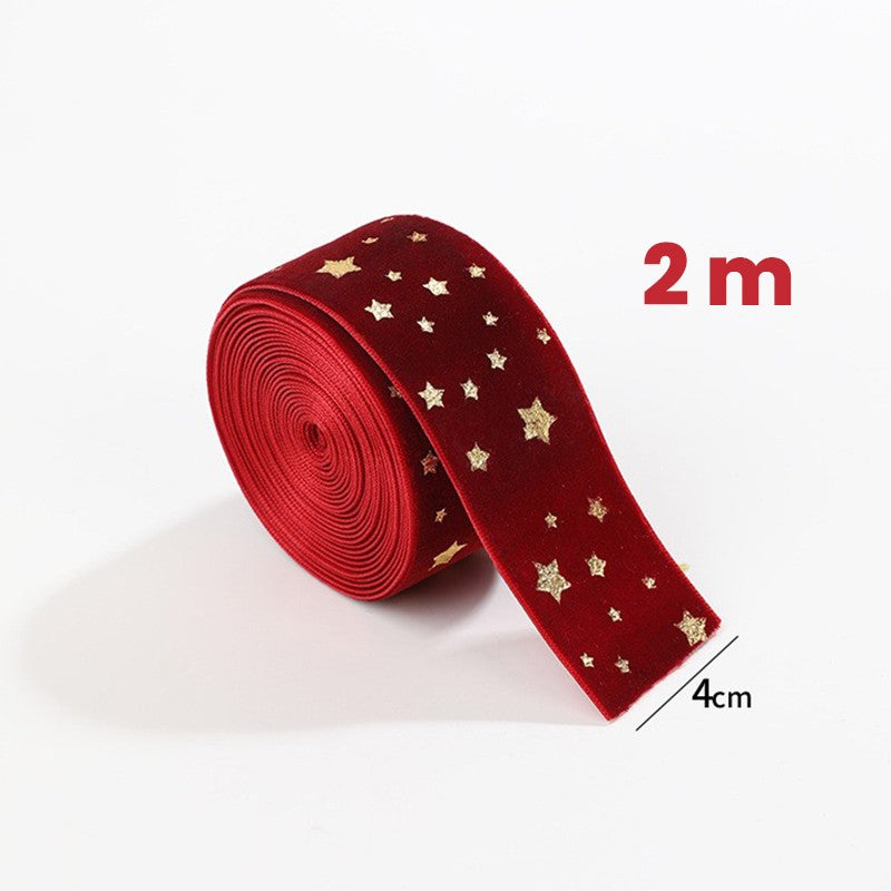 Panglica Decorativa de Craciun, Panglica din Panza cu aspec de Catifea, Funda Ornament, Model cu Stele Aurii, Decor pentru Brad de Craciun, 200 x 4 cm, Rosu