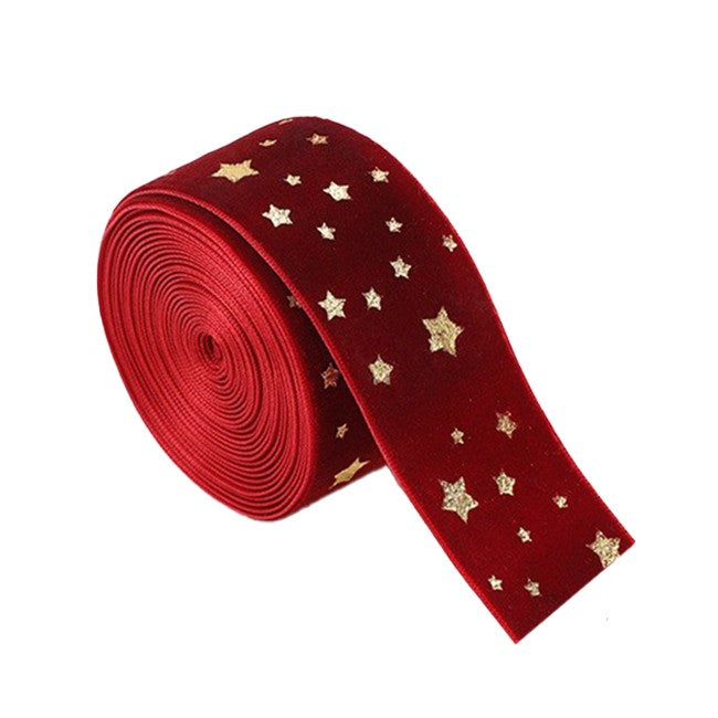 Panglica Decorativa de Craciun, Panglica din Panza cu aspec de Catifea, Funda Ornament, Model cu Stele Aurii, Decor pentru Brad de Craciun, 200 x 4 cm, Rosu