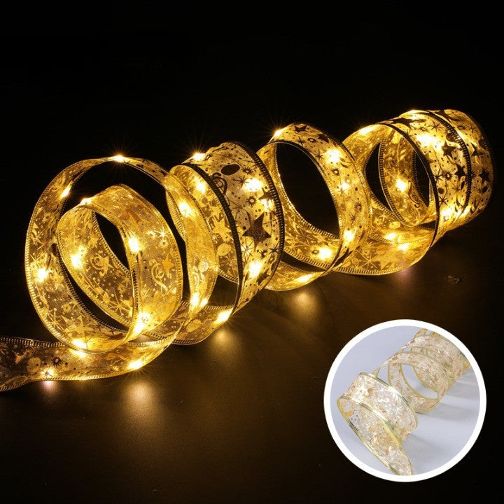 Panglică LED de Crăciun Aurie, lungime 1 m, 10 LED-uri, Baterii, Alb cald