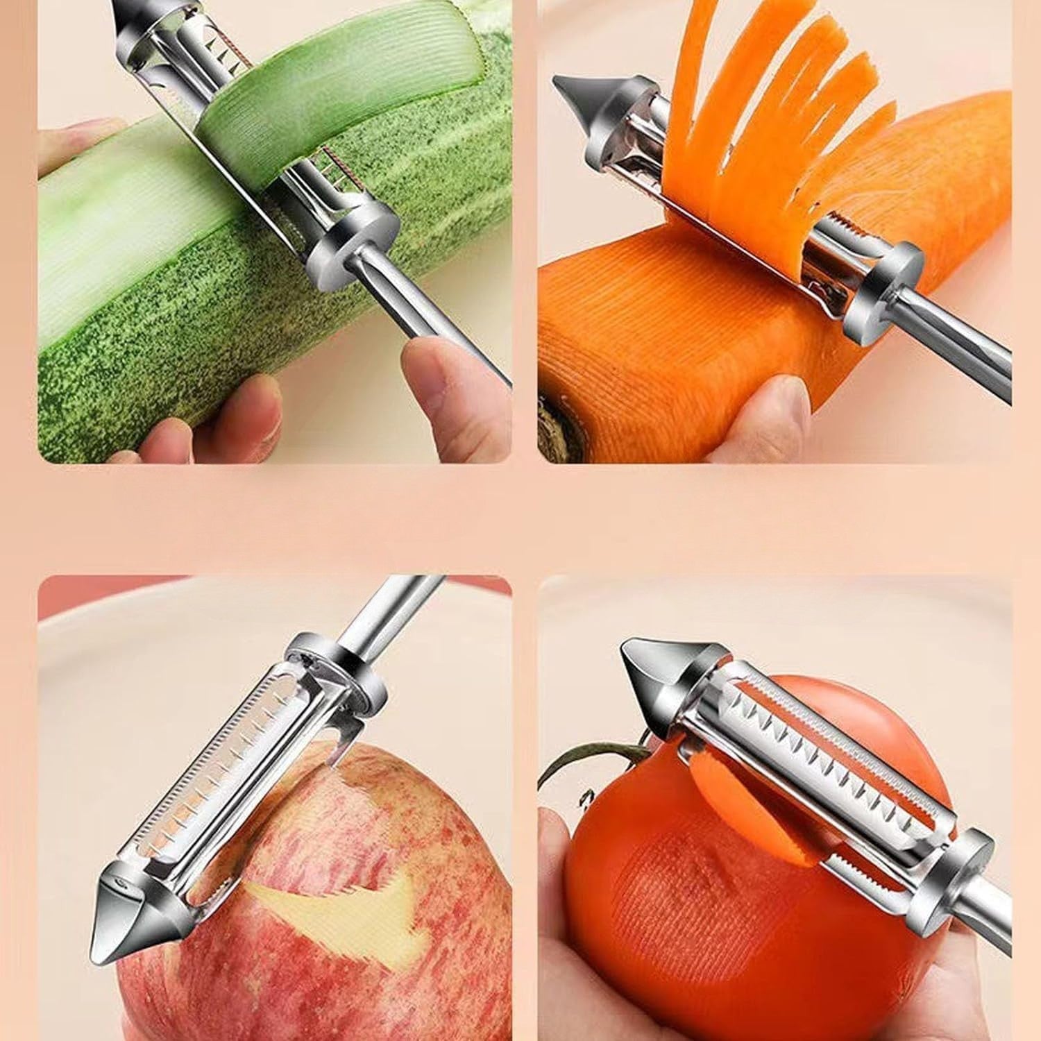Peeler 2in1 pentru Legume si Fructe, Multifunctional, cu 2 Lame de Curatati si Feliat, Varf Ascutit pentru Gaurit, 18 cm, din Otel Inoxidabil, Argintiu/Negru