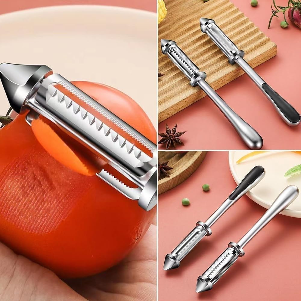 Peeler 2in1 pentru Legume si Fructe, Multifunctional, cu 2 Lame de Curatati si Feliat, Varf Ascutit pentru Gaurit, 18 cm, din Otel Inoxidabil, Argintiu/Negru