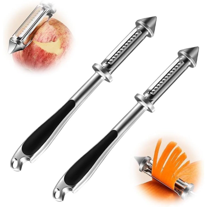 Peeler 2in1 pentru Legume si Fructe, Multifunctional, cu 2 Lame de Curatati si Feliat, Varf Ascutit pentru Gaurit, 18 cm, din Otel Inoxidabil, Argintiu/Negru