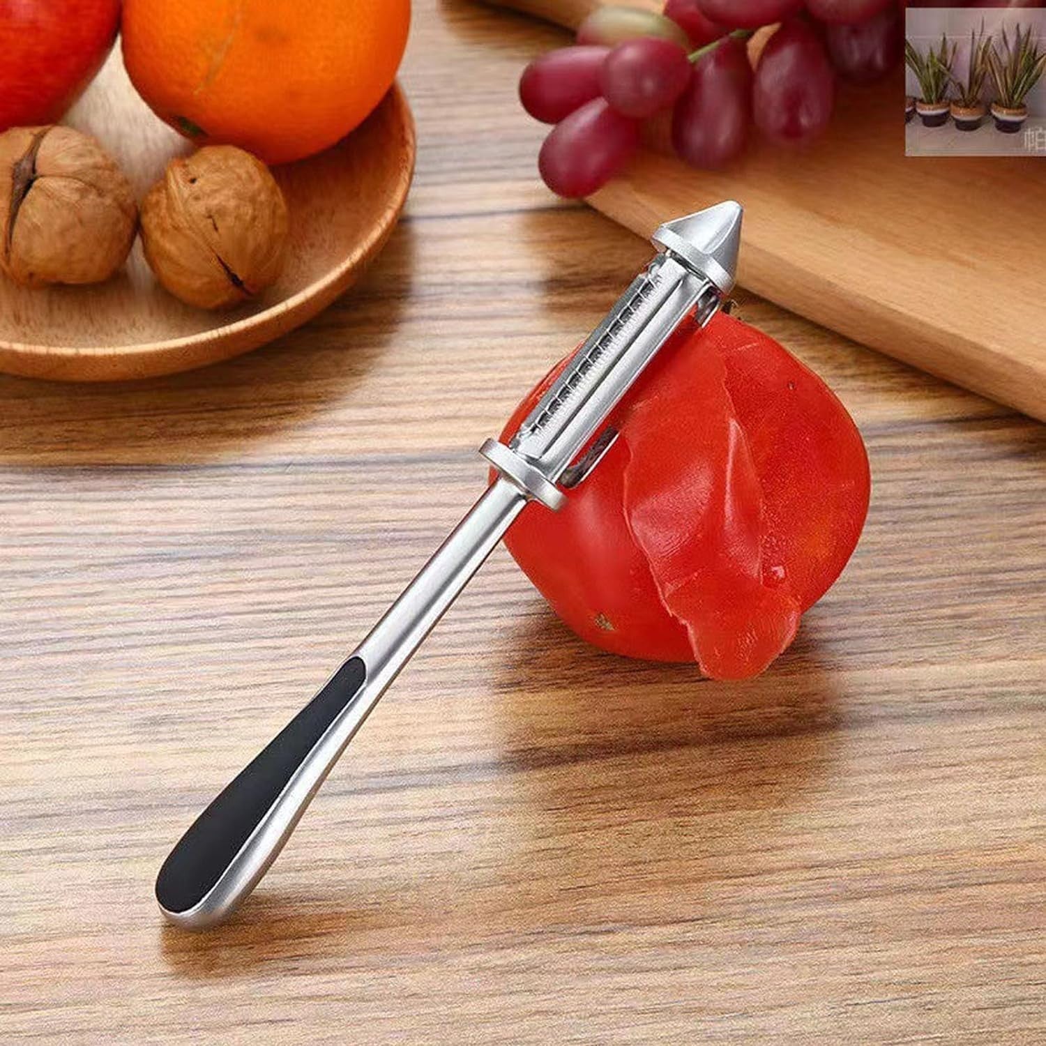 Peeler 2in1 pentru Legume si Fructe, Multifunctional, cu 2 Lame de Curatati si Feliat, Varf Ascutit pentru Gaurit, 18 cm, din Otel Inoxidabil, Argintiu/Negru