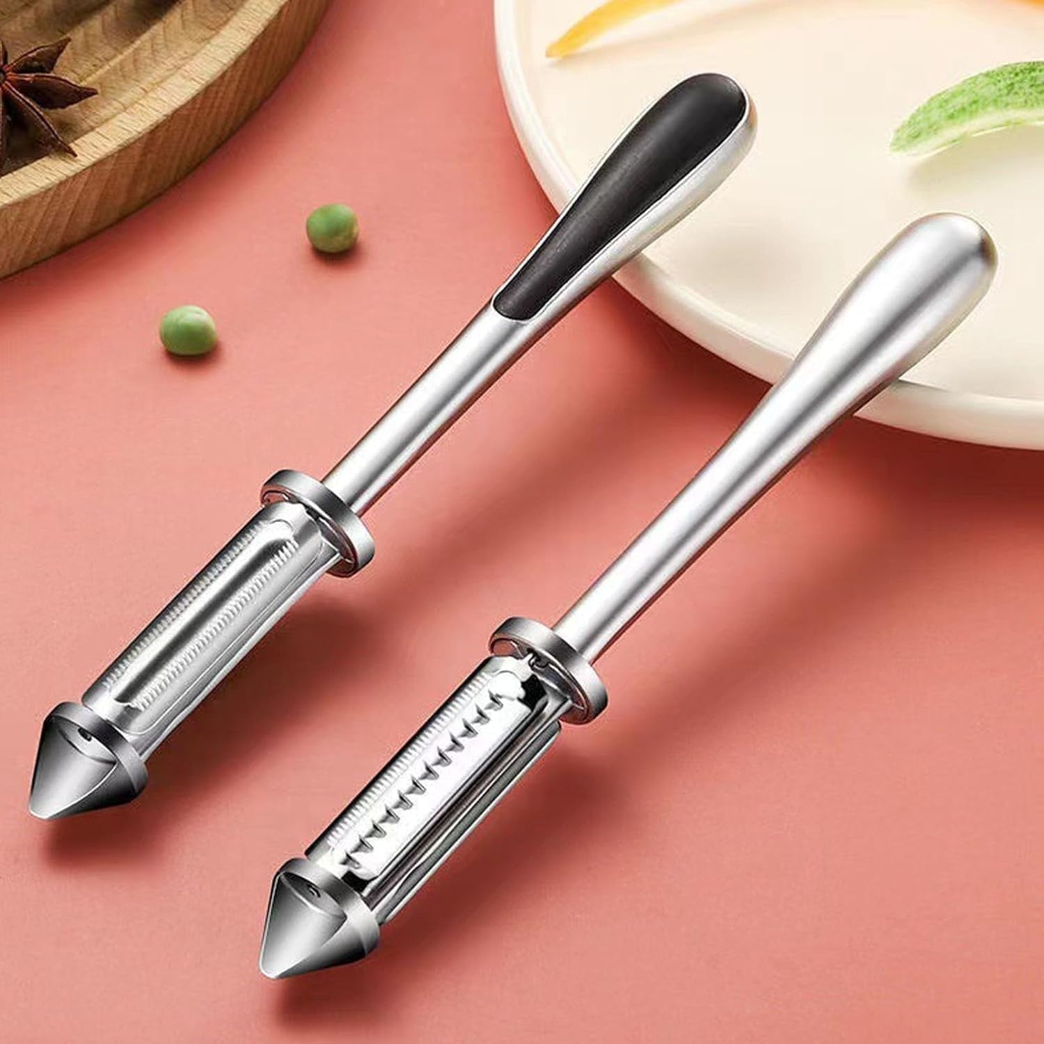 Peeler 2in1 pentru Legume si Fructe, Multifunctional, cu 2 Lame de Curatati si Feliat, Varf Ascutit pentru Gaurit, 18 cm, din Otel Inoxidabil, Argintiu/Negru