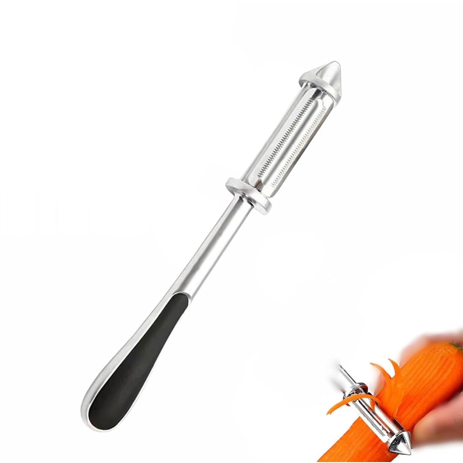 Peeler 2in1 pentru Legume si Fructe, Multifunctional, cu 2 Lame de Curatati si Feliat, Varf Ascutit pentru Gaurit, 18 cm, din Otel Inoxidabil, Argintiu/Negru
