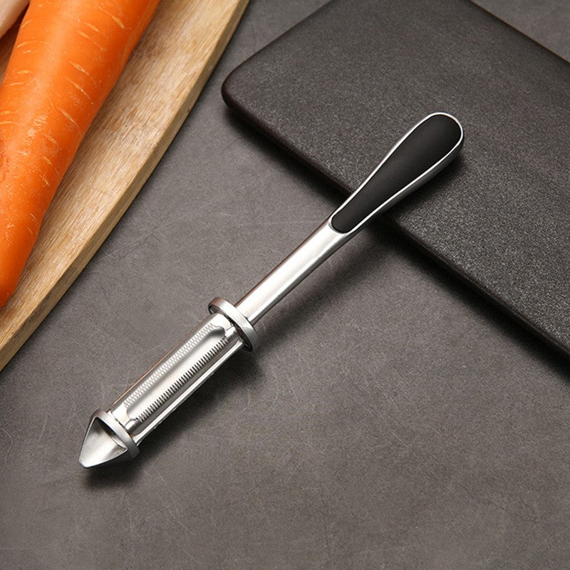 Peeler 2in1 pentru Legume si Fructe, Multifunctional, cu 2 Lame de Curatati si Feliat, Varf Ascutit pentru Gaurit, 18 cm, din Otel Inoxidabil, Argintiu/Negru
