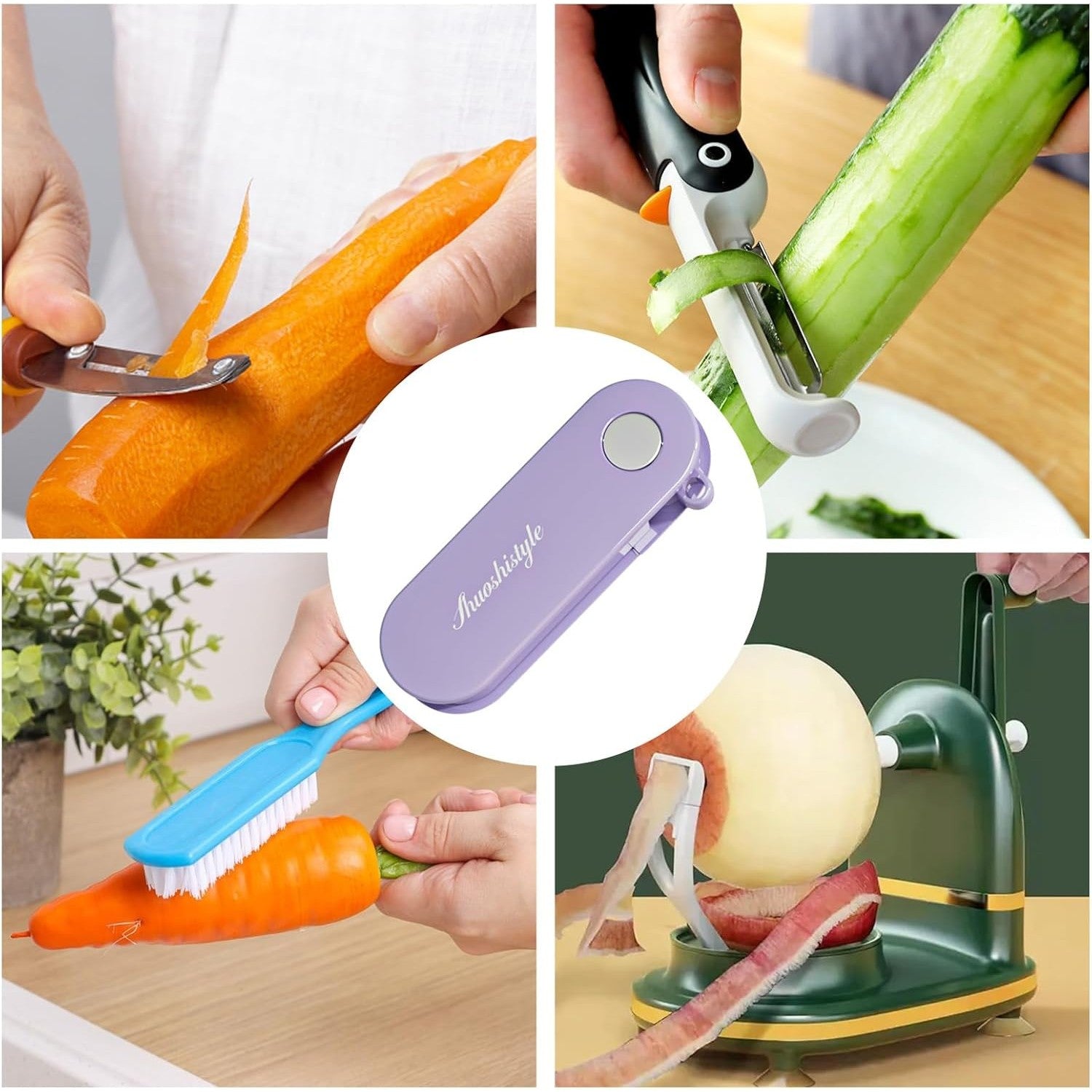 Peeler pentru Legume si Fructe, 3.6 x 9.1 cm, Multifunctional, Curatator Pliabil, din ABS si Otel Inoxidabil, Mov