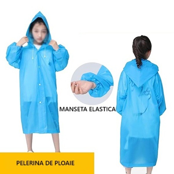 Pelerina de Ploaie, pentru Copii 100-145 cm, din EVA, Impermeabila, Inchidere cu Capse, Albastru