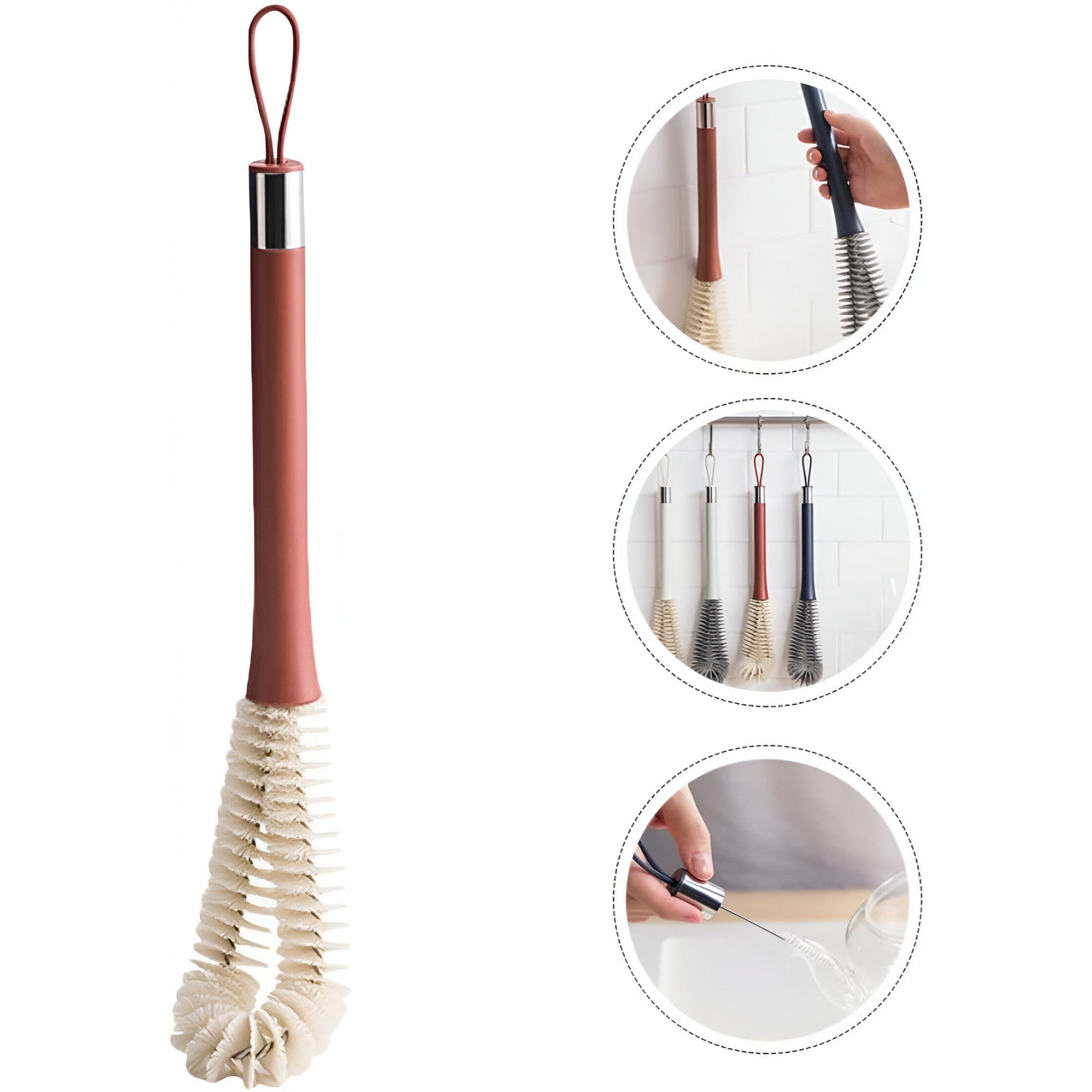 Perie de Curatat Pahare, Sticle, Biberoane, cu Maner Lung, Uz Casnic, Silicon, Ergonomic, 3.9x5.4x38.5cm, Rosu