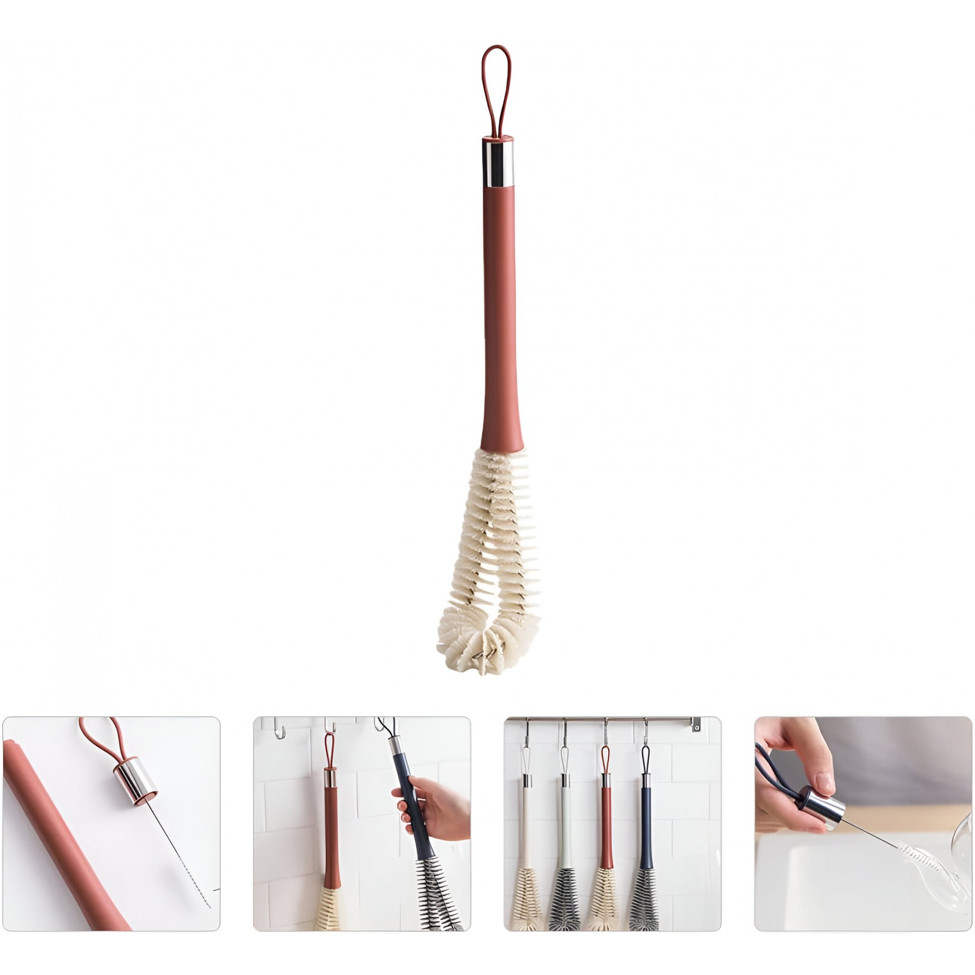 Perie de Curatat Pahare, Sticle, Biberoane, cu Maner Lung, Uz Casnic, Silicon, Ergonomic, 3.9x5.4x38.5cm, Rosu