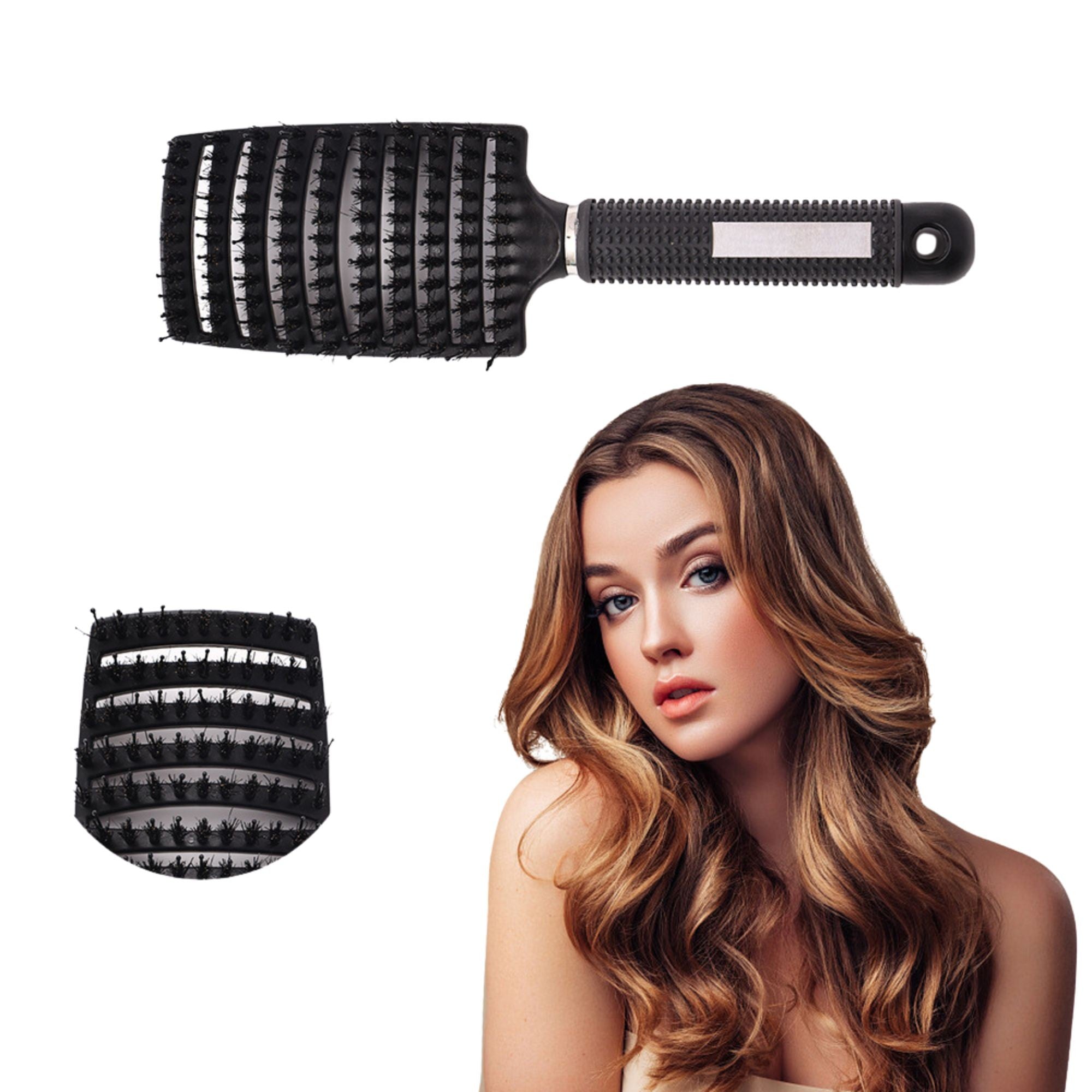 Perie de Par Curbata Ventilata, Peri de Mistret + Nylon, Maner Antiderapant, Efect Masaj, Wet & Dry, 24.5 x 6.5 cm, Negru