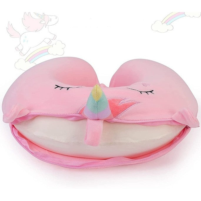 Perna de Calatorie in Forma de U, Flippy, Pentru Gat si Cap, Umplutura din Spuma cu Memorie, 30x30 cm, Model Unicorn, Accesoriu de Voiaj, Birou, Masina, Sistem Prindere Capse, Roz