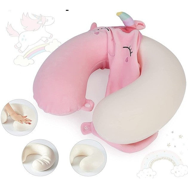Perna de Calatorie in Forma de U, Flippy, Pentru Gat si Cap, Umplutura din Spuma cu Memorie, 30x30 cm, Model Unicorn, Accesoriu de Voiaj, Birou, Masina, Sistem Prindere Capse, Roz