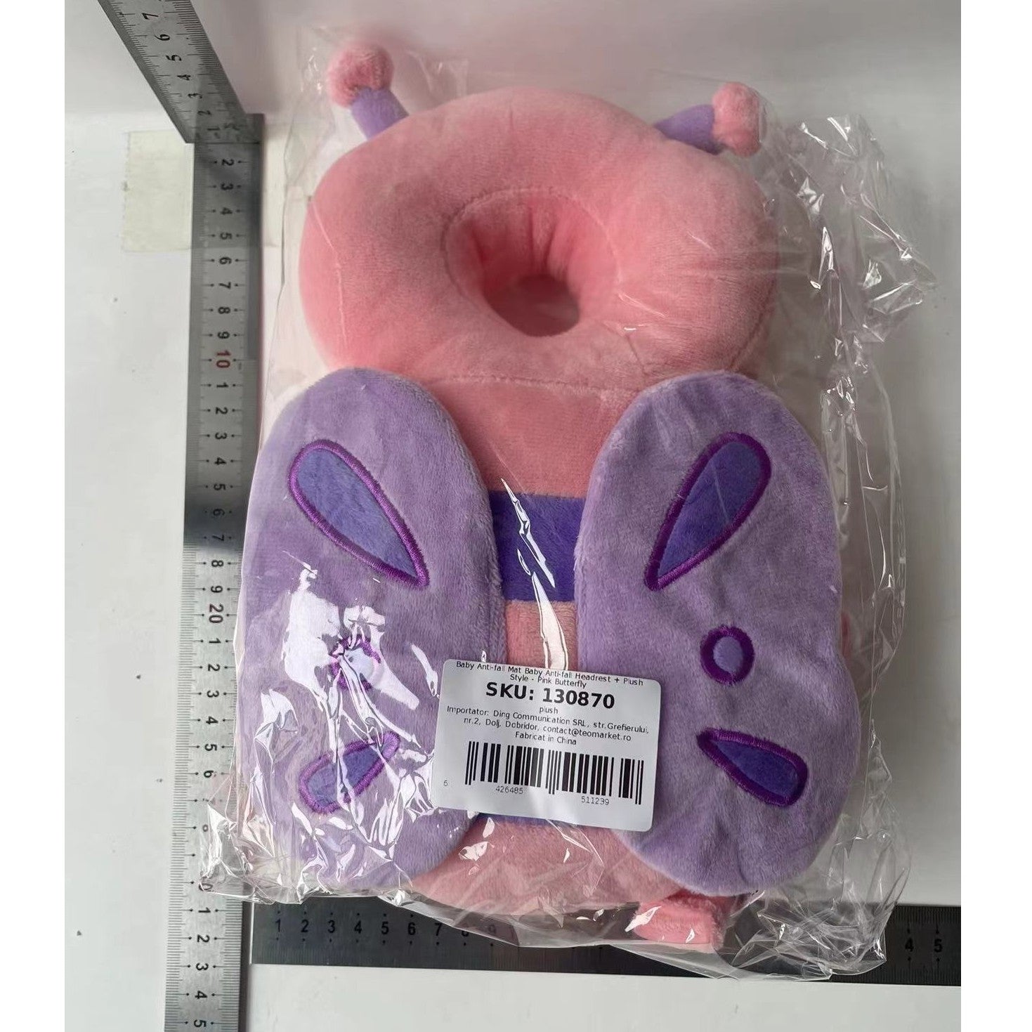 Perna tip Rucsac pentru Protectia Capului, Tetiera tip Fluturas de Plus, pentru Bebelusi, 33x6x19 cm, Roz