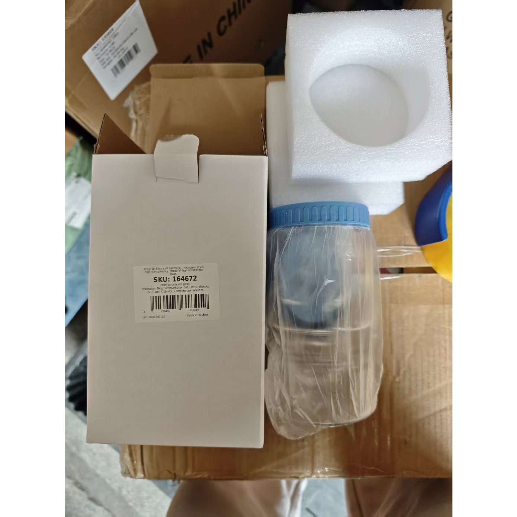 Borcan de Muraturi, Borcan cu Separator Divizat de 34oz pentru Lichide, Ermetic, Termorezistent, Tip Clepsidra, 800 ml, 21 x 11 x 11 cm, Capac Albastru