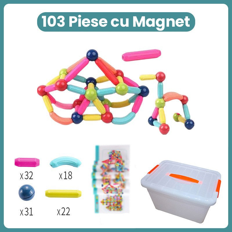 Piese Magnetice pentru Copii, Set din 103 de Piese de diferite Culori, Constructor Magnetic cu Posibilitatea de a Construii forme Nelimitate, Multicolor