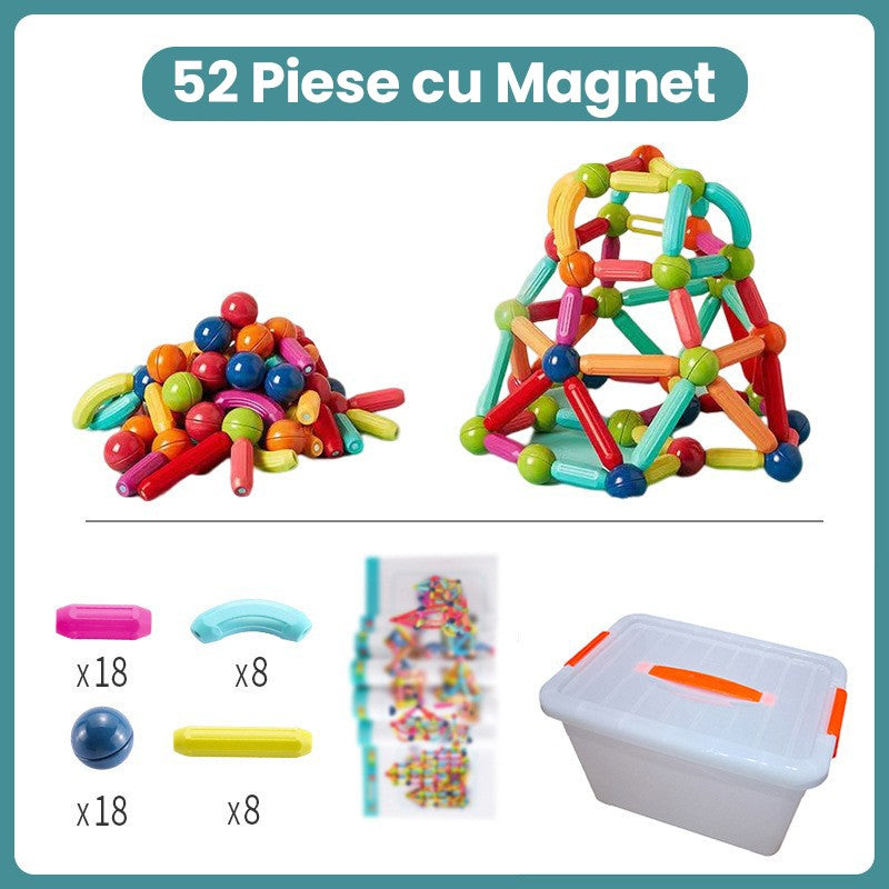 Piese Magnetice pentru Copii, Set din 52 de Piese de diferite Culori, Constructor Magnetic cu Posibilitatea de a Construii forme Nelimitate, Multicolor